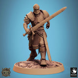 Dunkle Fantasy-Ritterfigur in Rüstung mit großem Schwert, 32mm Maßstab Miniatur.
