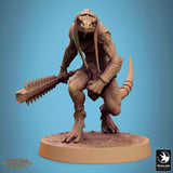 Close-up of a lizardman miniature in a low crouch, wielding a large spiked club with two hands.