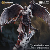 Tyrius the Reborn angel sword fighter 3D-printed resin miniature standing on a rocky skull base