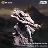 3D-printed resin ranger miniature in an action pose holding a bow on a detailed rocky base