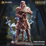 Felix the Graduate Battlemage 3D-printed resin miniature featuring magical blade effects on a circular display base.