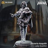 Victoria Asquith Lady Duellist rogue miniature standing in a combat stance holding a sword on a decorative base
