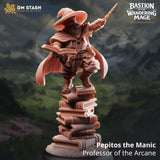 Pepitos der Manische Zwergen-Magier Miniatur, die auf einem Stapel Zauberbücher steht und einen Zauber wirkt.