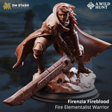Firenzia Fireblood Krieger Miniatur in dynamischer Kampfpose mit großem Schwert, 3D-gedrucktes Resin.