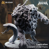 3D-printed gray resin Capricalion chimera miniature showing lion, goat, and serpent heads on a base.