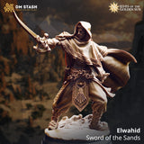 Front view of the Elwahid knight miniature holding a sword with a detailed hooded cloak and desert-style armor