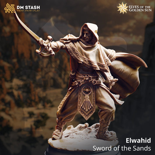 Fantasy knight miniature Elwahid from Quality Miniatures, 32mm and 75mm scale, detailed tabletop wargaming and RPG figure.