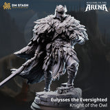 Eulysses the Eversighted resin knight miniature in full feather-adorned armor holding a sword standing on stone base