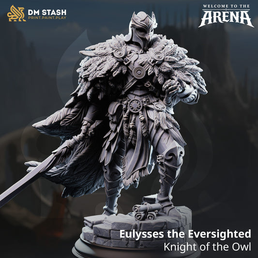 Fantasy knight tabletop miniature Eulysses by Quality Miniatures, 32mm and 75mm scales, suitable for wargaming and RPGs.