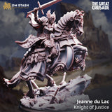 Jeanne du Lac knight miniature mounted on a warhorse with sword raised, resin figure on a rocky base.