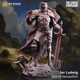 3D-printed resin knight miniature Ser Ludwig holding a sword and butterfly on a base for tabletop games