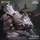 Resin 3D-printed miniature of a battle-ready war owlbear titled Old Betty with elaborate armored harness.