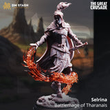 3D-printed resin battlemage miniature Selrina casting a fiery magic spell, front view