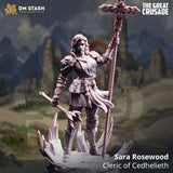 3D-printed human cleric miniature named Sara Rosewood holding a staff with a cross topper and a mace on a stone base