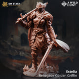 3D-printed resin miniature of Estelia, a female commander in plate armor with two swords, standing on a rocky base.