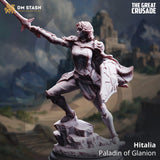 3D-printed Hitalia Paladin miniature in gray resin, holding a sword and shield, standing on a rocky base.