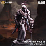 3D-printed gray resin miniature of Arch Paladin Tyrius III standing in a stoic pose with a sword and ornate mace.