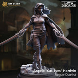 Resin miniature of a rogue duelist woman named Angela with dual swords, standing on a stone base.