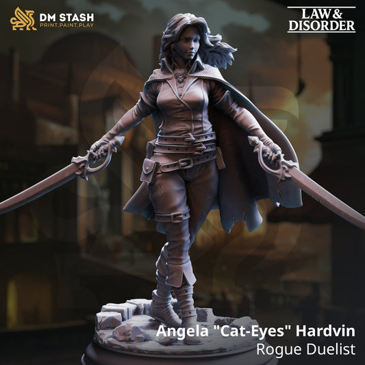 Statue of Angela 'Cat-Eyes' Hardvin, a rogue duelist, from DM Stash with a blurred background.