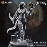 Kira Solseth human rogue miniature holding a magical orb and dagger on a detailed dungeon base