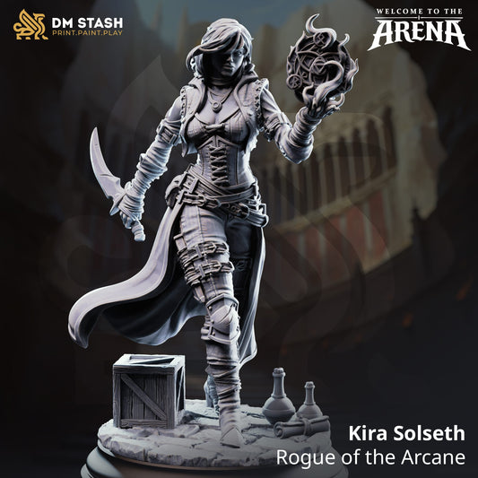 Tabletop female rogue miniature Kira by Qumi, 32mm and 75mm scale, for RPG and wargaming, positioned on a gaming table.