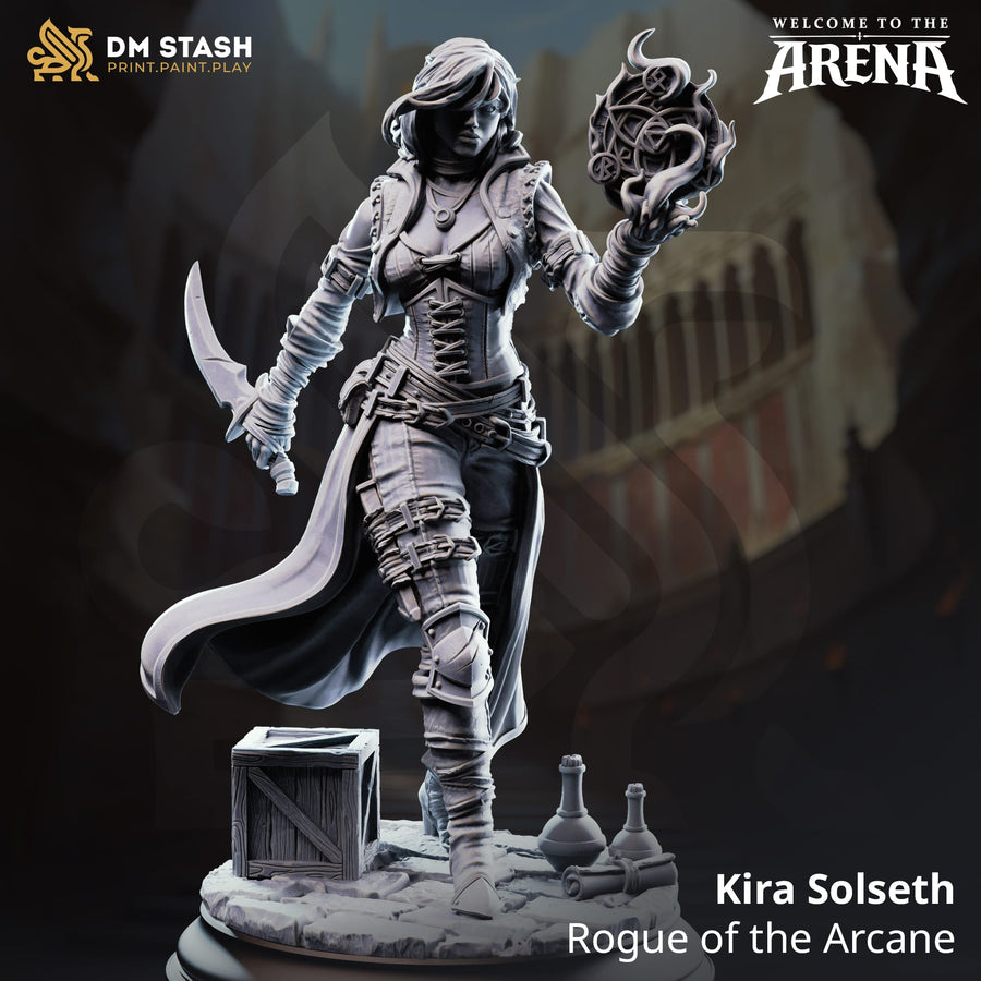 Menschliche Schurkin Kira Solseth Miniatur mit magischer Kugel und Dolch auf einem Dungeon-Base