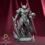 Grey resin 3D-printed fighter miniature holding a sword and orb on a round base