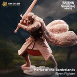 3D-printed elven fighter miniature standing in a combat pose holding a large sword with a flowing fur cape.