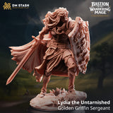 Resin 3D-printed miniature of a female human sword fighter holding a shield and sword in a heroic pose