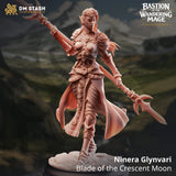 Front view of a 3D-printed Ninera Glynvari resin miniature holding a spear, featuring detailed armor and fantasy elven-style facial features.