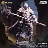 Uktakun the Harbinger of Namneri, a highly detailed 3D-printed human hammer fighter miniature in gray resin