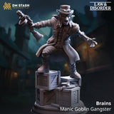 3D-printed resin goblin gunslinger miniature standing on TNT crates, holding a firearm, grey finish