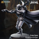 Crow Eyes Gunslinger miniature with a crow on his shoulder and a flintlock pistol, 3D printed in gray resin