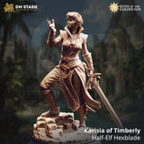 Resin 32mm scale miniature of a female half-elf hexblade character standing on a stone base, holding a sword