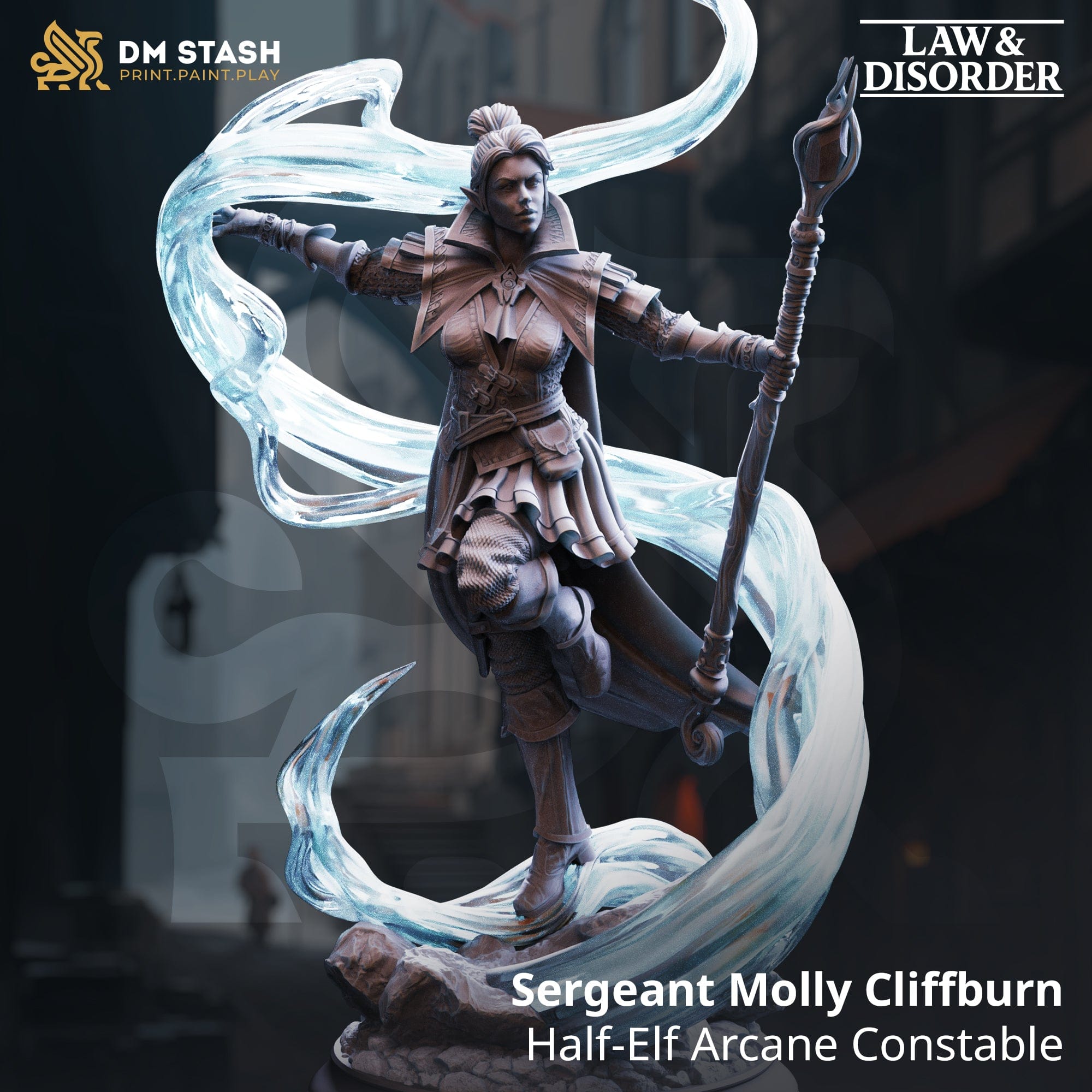 Tabletop Half Elf Sergeant Molly miniature by Quality Miniatures, 32mm and 75mm scale for wargaming and RPG.