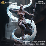 3D-printed resin miniature of Sergeant Molly, a half-elf sorcerer casting magic spells with a staff on a rocky base.