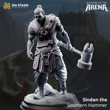 Sindan the Hammer Fighter standing on a rocky base, holding a large warhammer in a combat-ready pose