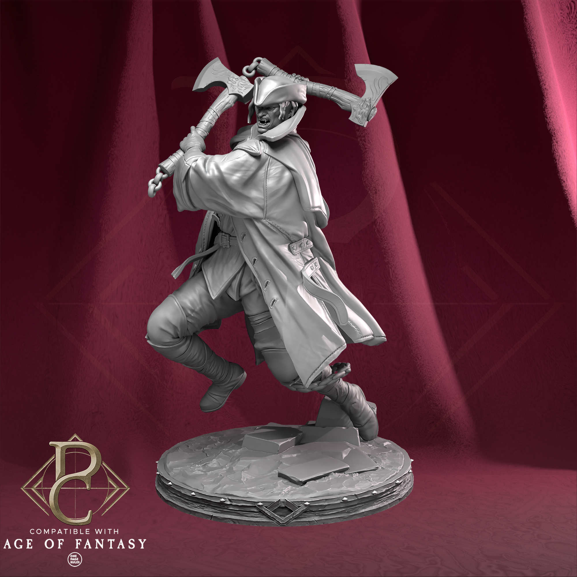 Fantasy figurine with axes on a red background, compatible with Age of Fantasy