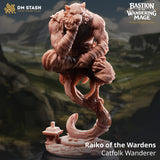 Resin 3D-printed Raiko catfolk monk figure in a meditative sitting pose with a detailed base