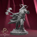 Close-up of the axe fighter miniature in a dynamic combat pose holding a large double-headed battle axe.