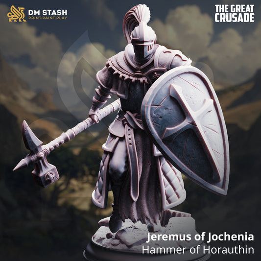 Tabletop Knight miniature Jeremus by Qumi, 32mm and 75mm scale, ideal for wargaming and RPG tabletop scenarios.