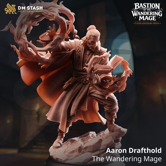 Tabletop Mage miniature Aaron by Qumi, 32mm and 75mm sizes, ideal for wargaming and RPG tabletop gaming scenarios.