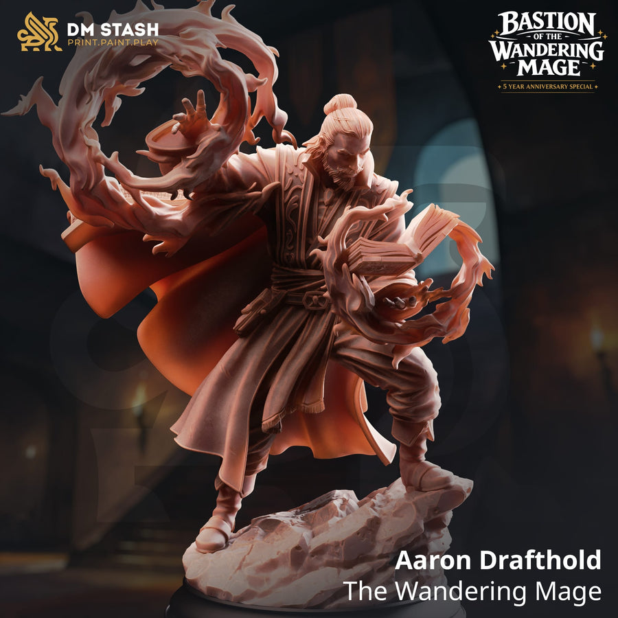3D-gedruckte Resin Miniatur eines menschlichen Magiers, der mit einem Zauberbuch in der Hand zaubert.