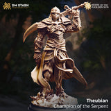 3D-printed resin miniature of Theubian Champion of the Serpent wearing intricate plate armor and holding a large sword.