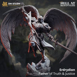 Resin 3D-printed winged sword fighter miniature named Erdrydion standing on a rocky base holding a large blade.