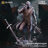 3D-gedruckte Resin-Miniatur von Vincent Nightingale, einem Schwertkämpfer mit rauchender Zigarre und detaillierter Ausrüstung.