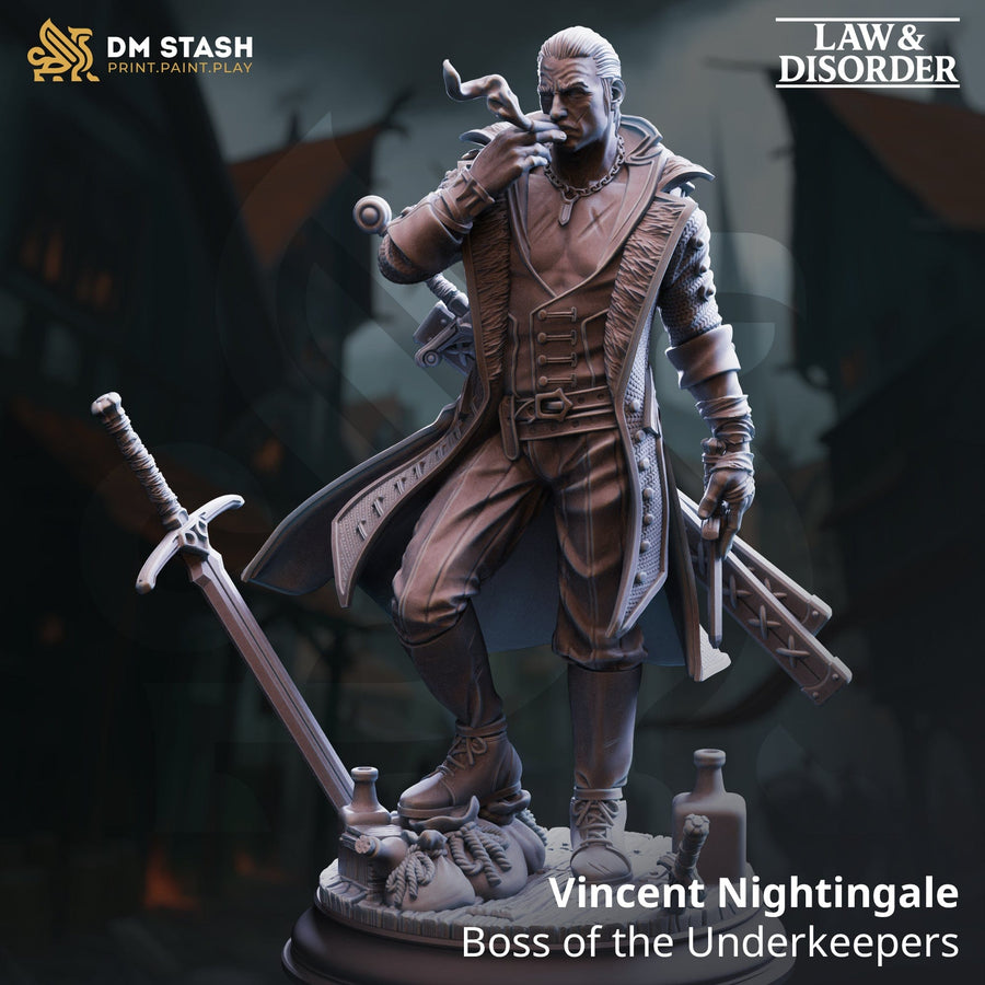 3D-gedruckte Resin-Miniatur von Vincent Nightingale, einem Schwertkämpfer mit rauchender Zigarre und detaillierter Ausrüstung.