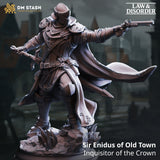 3D-printed Sir Enidus Inquisitor miniature in gray resin, holding a sword and pistol on a scenic base.