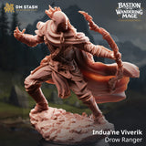 Resin 3D-printed Drow Ranger miniature in a dynamic archery pose standing on a rocky terrain base