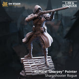 3D-printed resin rogue miniature with a musket standing on a rooftop base in 32mm scale